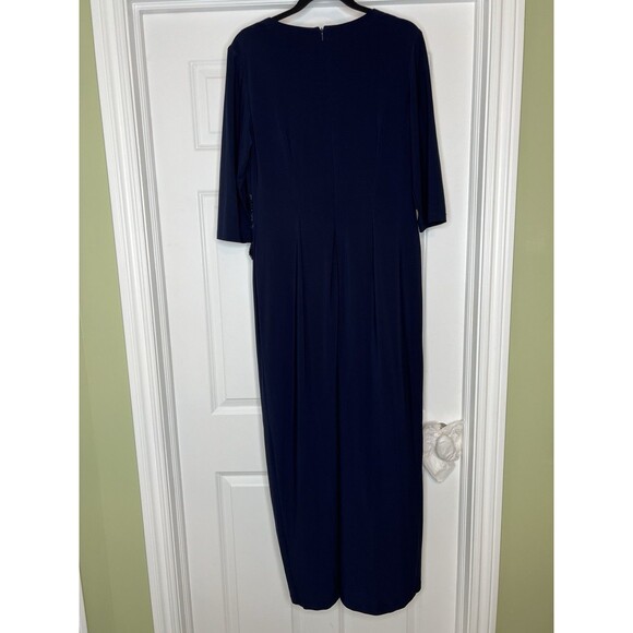 R&M RICHARDS Maxi Dress Gown Navy Blue Stretch Knit Ruffle Sequins Sz 14 Evening - Picture 11 of 12